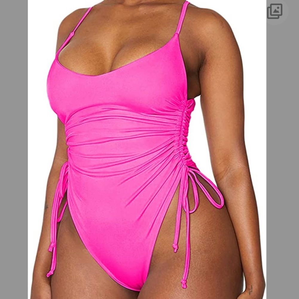 Women's Ruched High Cut One Piece Swimsuit HOT PINK Size Large